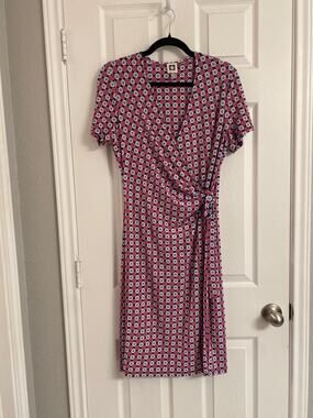 Anne Klein Faux Wrap Dress Size 12 Pink Blue Floral Mod Geometric Office Chic